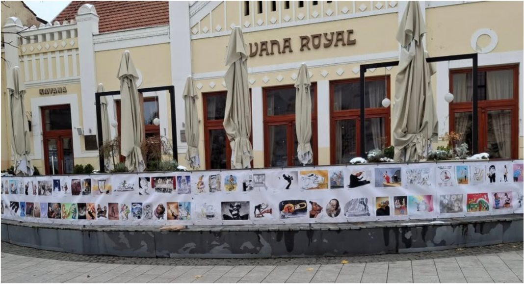 Deseta međunarodna izložba jazz karikatura preseljena na otvoreni prostor u centru Čakovca BeFunky collage 2025 11 25T130959.657