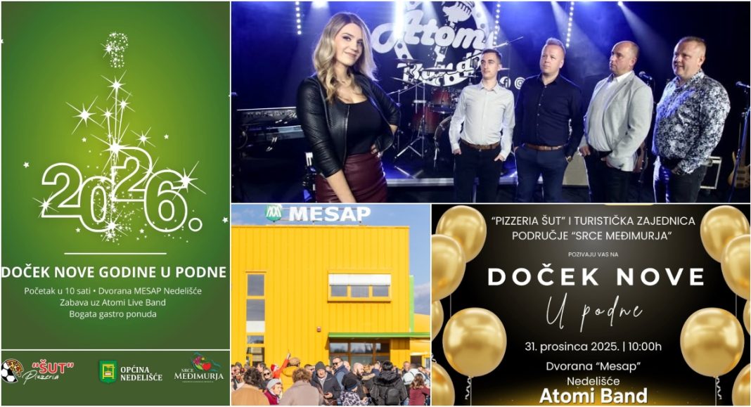 U zagrijanoj dvorani MESAP-a podnevni doček Nove godine, uz vrući nastup Atomi Live Banda i ugostiteljsku ponudu Pizzerije “Šut”! BeFunky collage 2025 12 30T190656.027