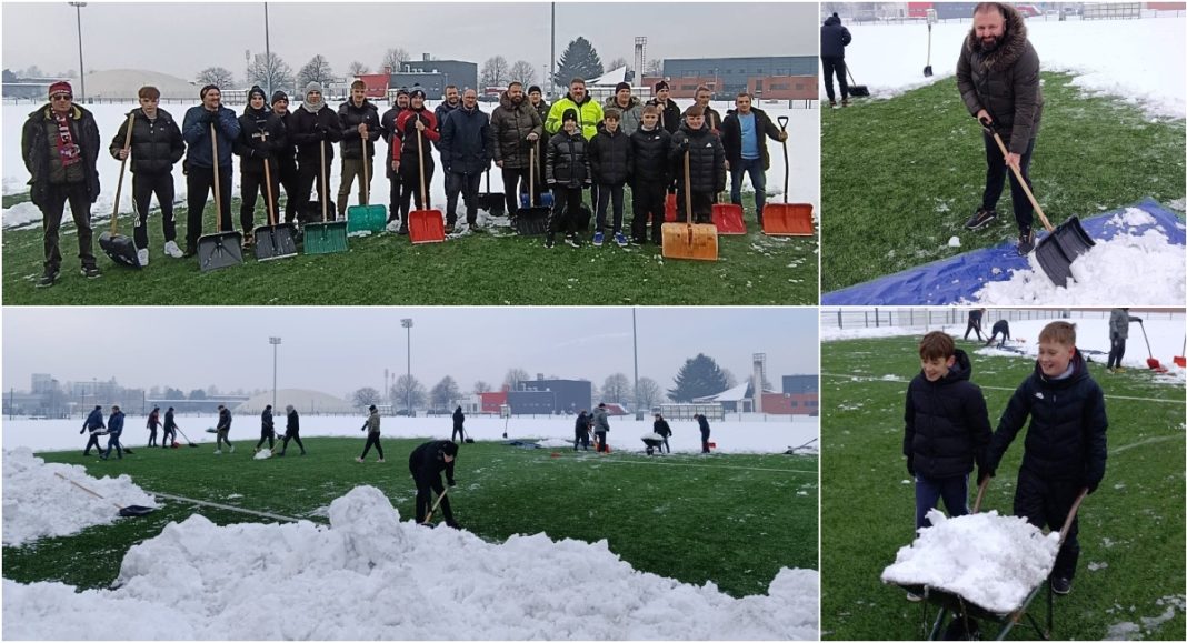 FOTO/VIDEO Mladi nogometaši, roditelji i članovi uprave čistili snijeg s pomoćnog terena SRC Mladost BeFunky collage 2026 01 10T131250.264